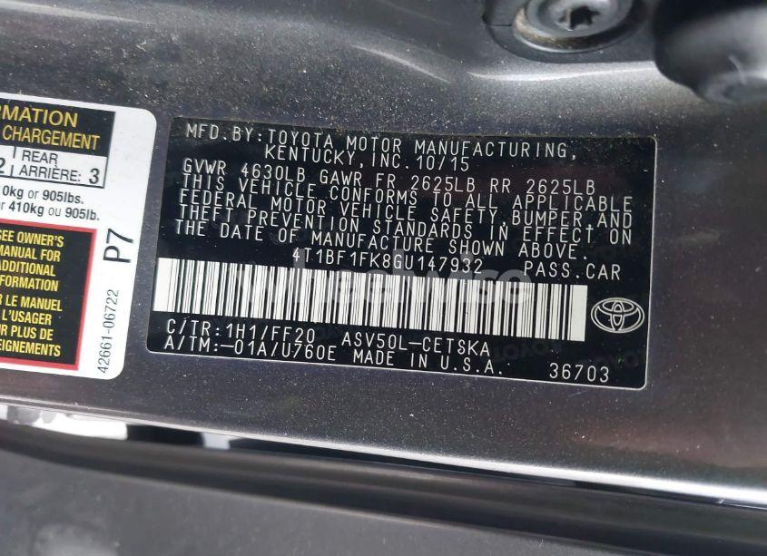 Photo 9 of 2016 Toyota Camry SE (VIN 4T1BF1FK8GU147932)