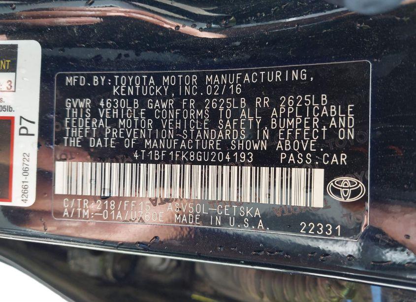 Photo 9 of 2016 Toyota Camry SE (VIN 4T1BF1FK8GU204193)