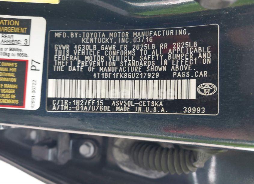 Photo 9 of 2016 Toyota Camry SE (VIN 4T1BF1FK8GU217929)