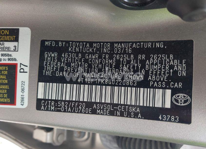 Photo 9 of 2016 Toyota Camry SE (VIN 4T1BF1FK8GU220863)