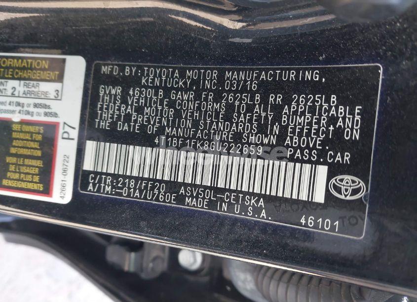 Photo 9 of 2016 Toyota Camry SE (VIN 4T1BF1FK8GU222659)