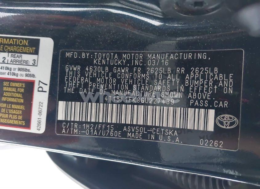 Photo 9 of 2016 Toyota Camry SE (VIN 4T1BF1FK8GU227439)