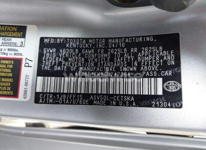 Photo 9 of 2016 Toyota Camry SE (VIN 4T1BF1FK8GU242264)