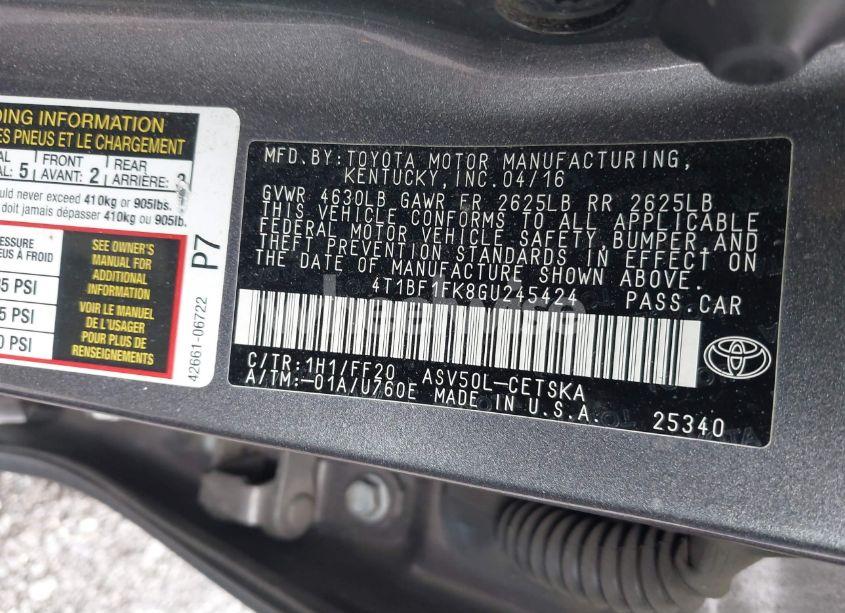 Photo 9 of 2016 Toyota Camry SE (VIN 4T1BF1FK8GU245424)