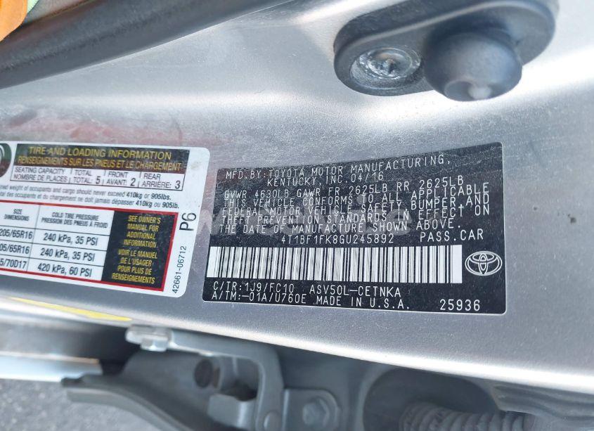 Photo 9 of 2016 Toyota Camry LE (VIN 4T1BF1FK8GU245892)