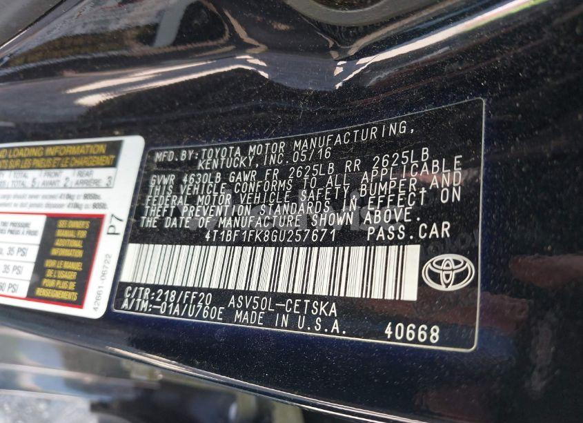 Photo 9 of 2016 Toyota Camry SE (VIN 4T1BF1FK8GU257671)