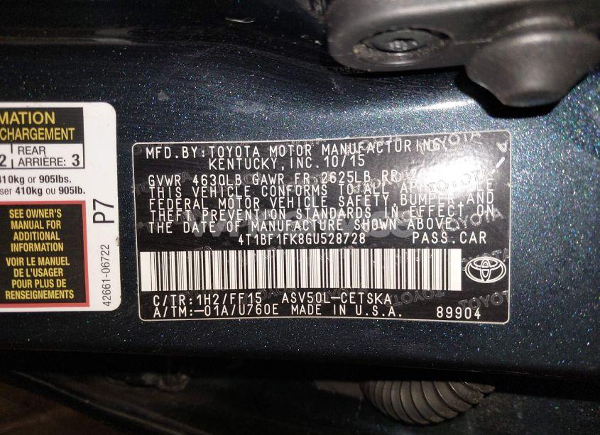 Photo 9 of 2016 Toyota Camry SE (VIN 4T1BF1FK8GU528728)