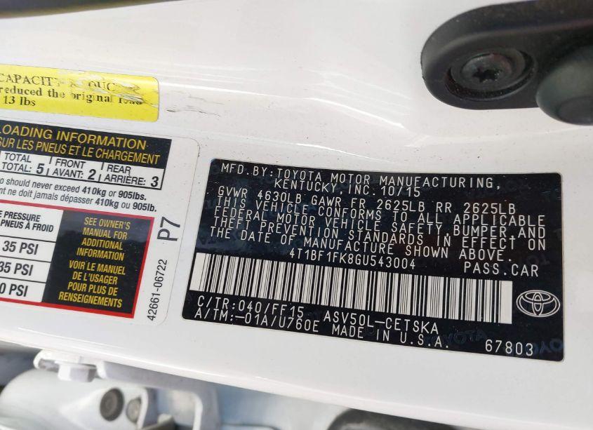 Photo 9 of 2016 Toyota Camry SE (VIN 4T1BF1FK8GU543004)