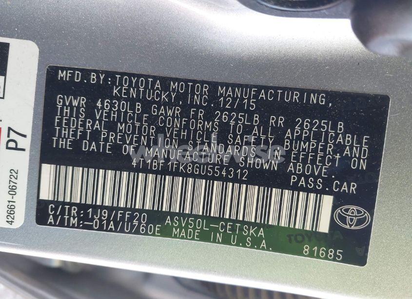 Photo 9 of 2016 Toyota Camry SE (VIN 4T1BF1FK8GU554312)