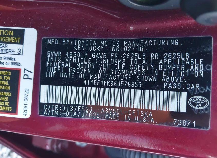 Photo 9 of 2016 Toyota Camry SE (VIN 4T1BF1FK8GU578853)