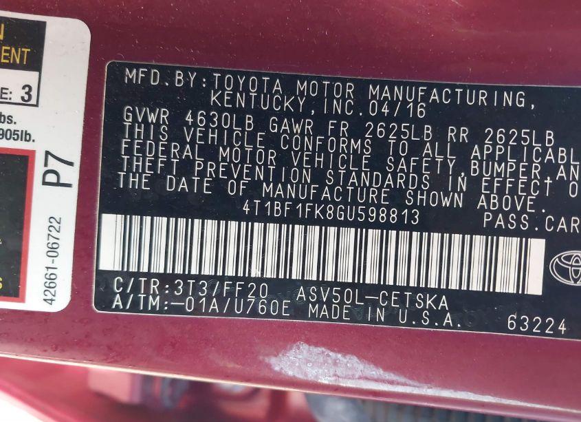 Photo 9 of 2016 Toyota Camry SE (VIN 4T1BF1FK8GU598813)