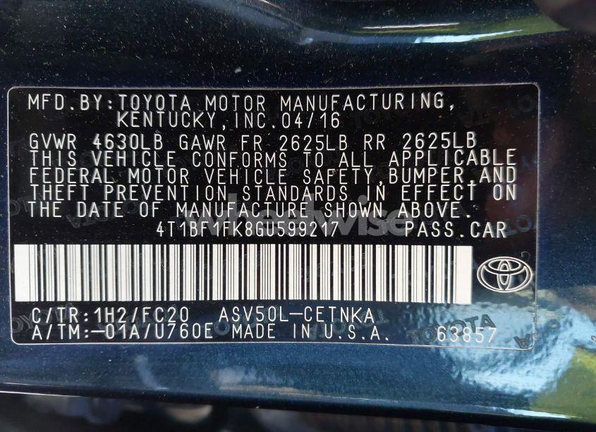 Photo 9 of 2016 Toyota Camry LE (VIN 4T1BF1FK8GU599217)