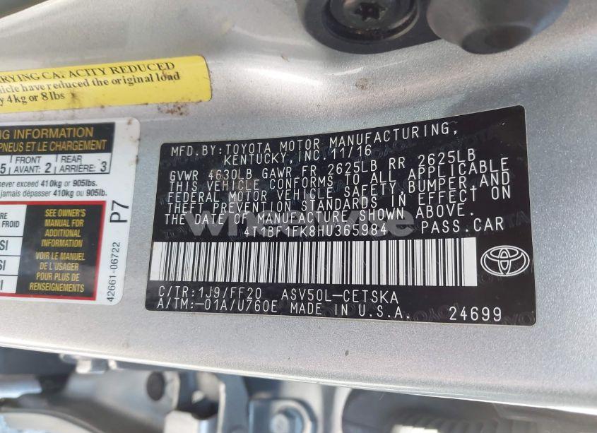 Photo 9 of 2017 Toyota Camry SE (VIN 4T1BF1FK8HU365984)