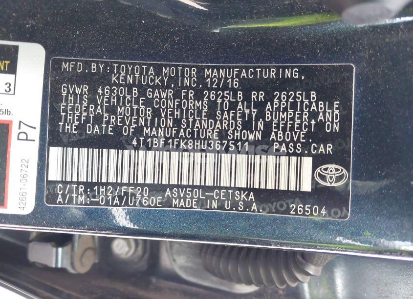 Photo 9 of 2017 Toyota Camry SE (VIN 4T1BF1FK8HU367511)