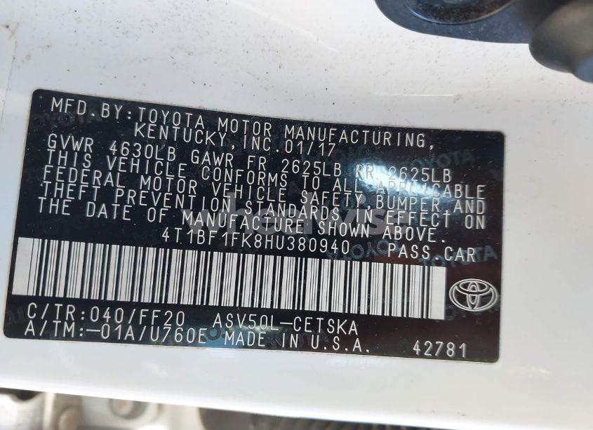 Photo 9 of 2017 Toyota Camry SE (VIN 4T1BF1FK8HU380940)