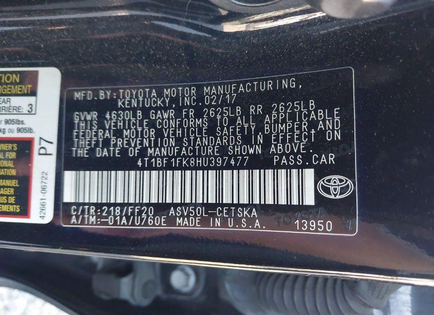 Photo 9 of 2017 Toyota Camry SE (VIN 4T1BF1FK8HU397477)