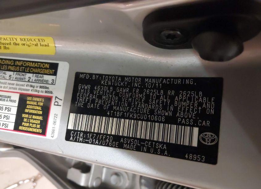 Photo 9 of 2012 Toyota Camry SE (VIN 4T1BF1FK9CU010606)