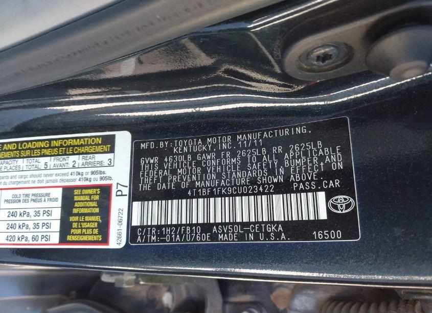 Photo 9 of 2012 Toyota Camry XLE (VIN 4T1BF1FK9CU023422)