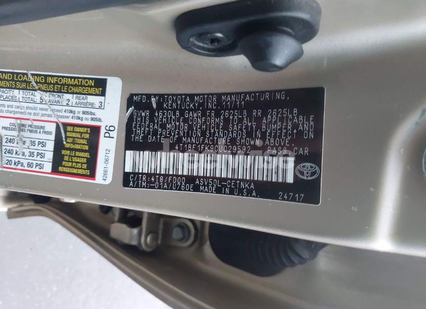 Photo 9 of 2012 Toyota Camry LE (VIN 4T1BF1FK9CU029592)