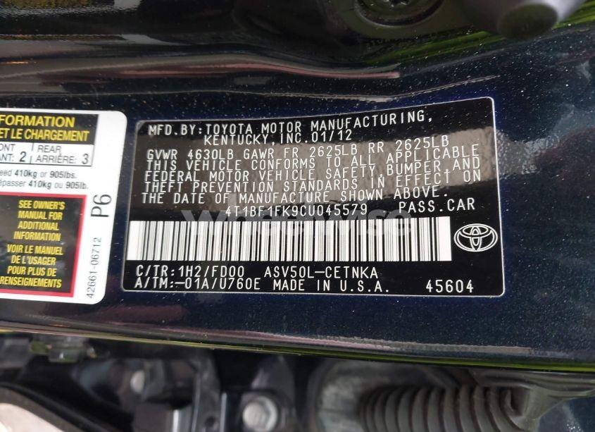 Photo 9 of 2012 Toyota Camry LE (VIN 4T1BF1FK9CU045579)