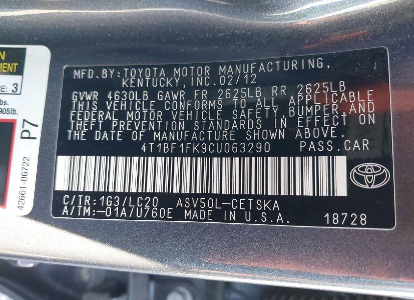 Photo 9 of 2012 Toyota Camry SE (VIN 4T1BF1FK9CU063290)