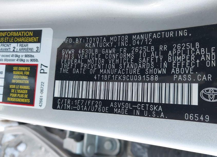 Photo 9 of 2012 Toyota Camry SE (VIN 4T1BF1FK9CU091588)