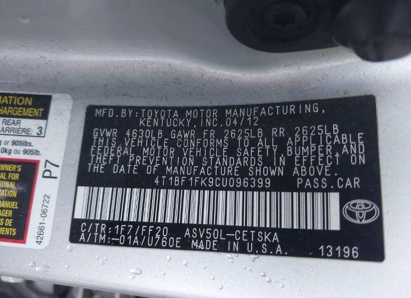 Photo 9 of 2012 Toyota Camry SE (VIN 4T1BF1FK9CU096399)