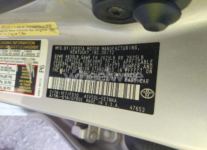 Photo 9 of 2012 Toyota Camry LE (VIN 4T1BF1FK9CU122371)
