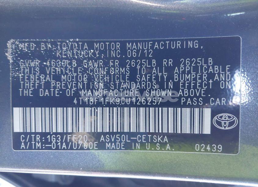 Photo 9 of 2012 Toyota Camry SE (VIN 4T1BF1FK9CU126257)