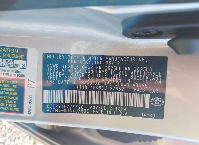 Photo 9 of 2012 Toyota Camry SE (VIN 4T1BF1FK9CU127652)