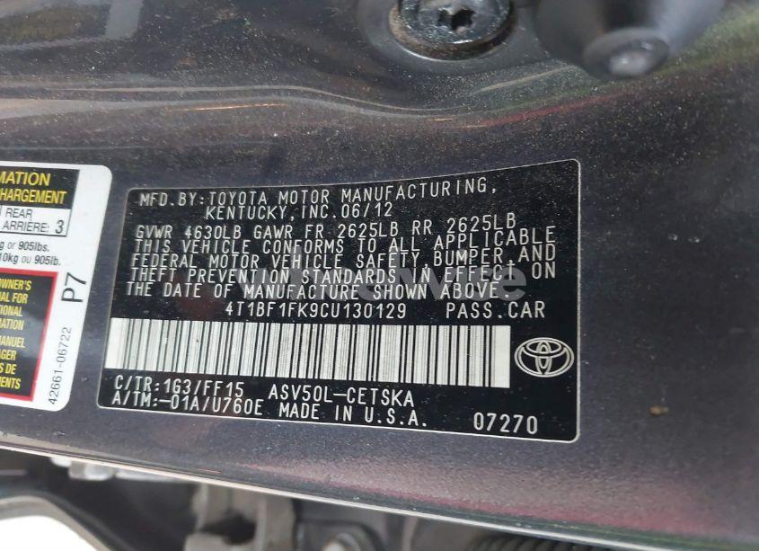 Photo 9 of 2012 Toyota Camry SE (VIN 4T1BF1FK9CU130129)