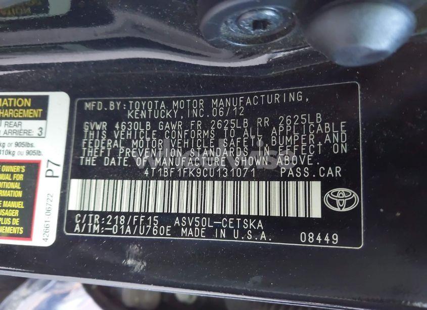 Photo 9 of 2012 Toyota Camry SE (VIN 4T1BF1FK9CU131071)