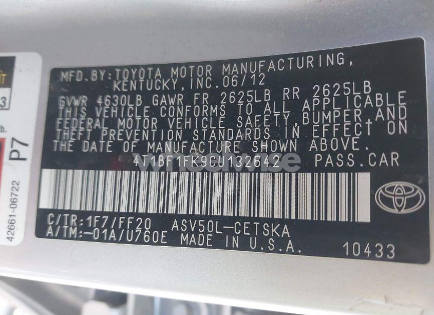 Photo 9 of 2012 Toyota Camry SE (VIN 4T1BF1FK9CU132642)