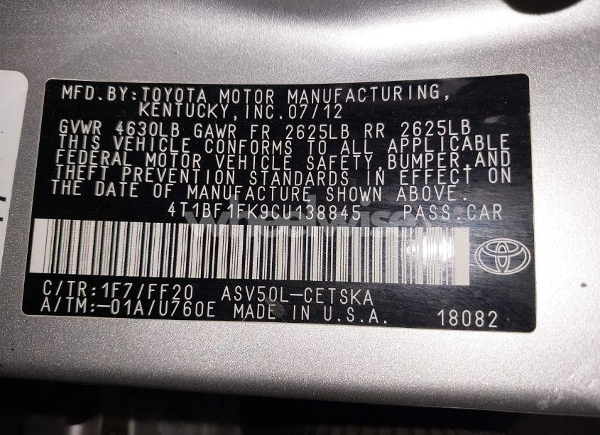 Photo 9 of 2012 Toyota Camry SE (VIN 4T1BF1FK9CU138845)