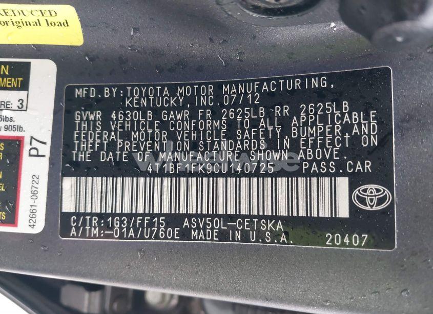 Photo 9 of 2012 Toyota Camry SE (VIN 4T1BF1FK9CU140725)