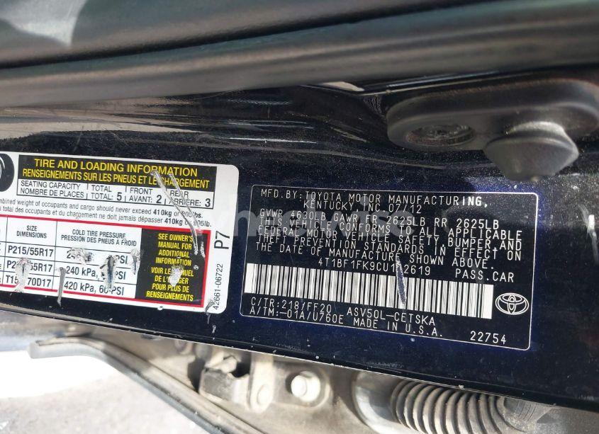 Photo 9 of 2012 Toyota Camry SE (VIN 4T1BF1FK9CU142619)