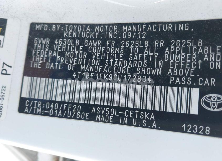 Photo 9 of 2012 Toyota Camry SE (VIN 4T1BF1FK9CU172834)