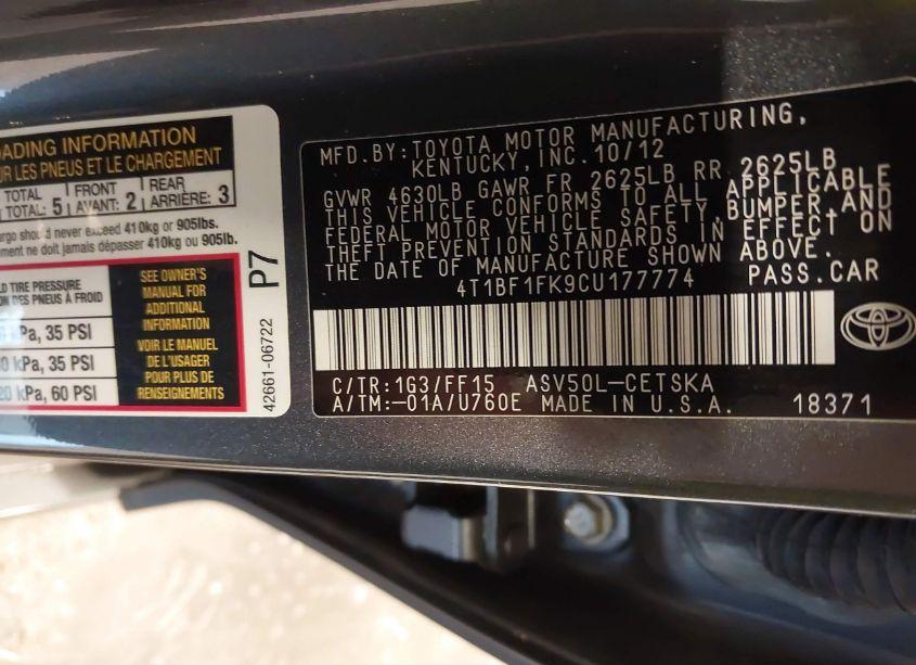 Photo 9 of 2012 Toyota Camry SE (VIN 4T1BF1FK9CU177774)