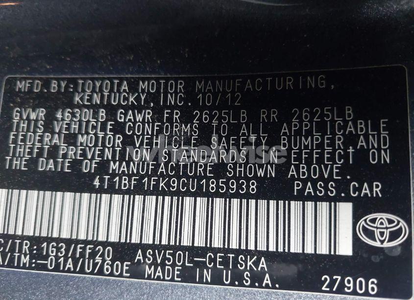 Photo 9 of 2012 Toyota Camry SE (VIN 4T1BF1FK9CU185938)