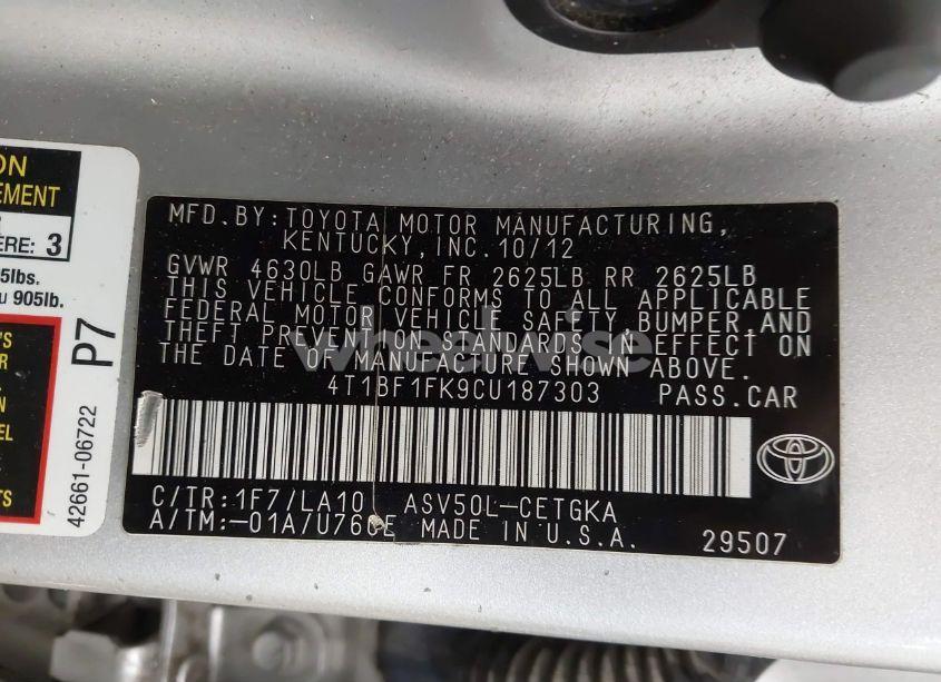 Photo 9 of 2012 Toyota Camry XLE (VIN 4T1BF1FK9CU187303)