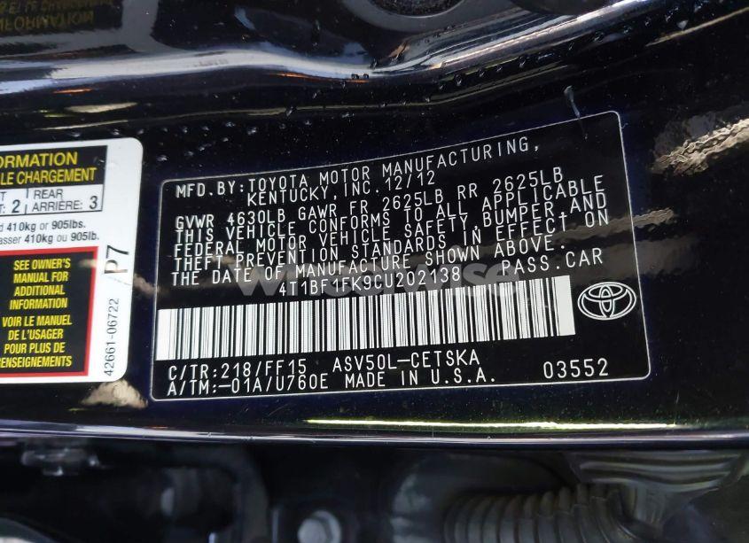 Photo 9 of 2012 Toyota Camry SE (VIN 4T1BF1FK9CU202138)