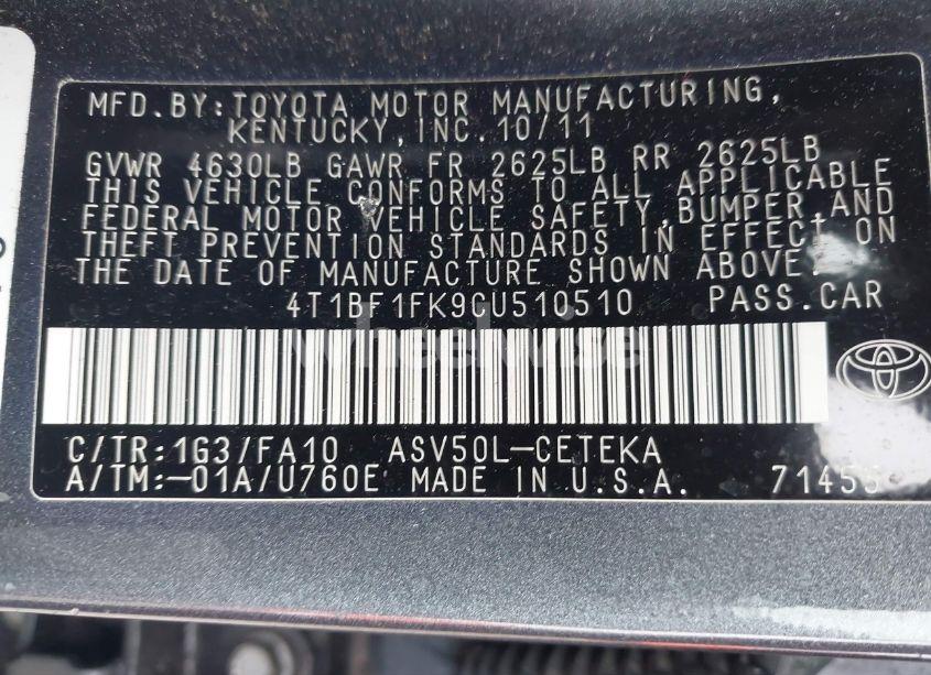 Photo 9 of 2012 Toyota Camry L (VIN 4T1BF1FK9CU510510)