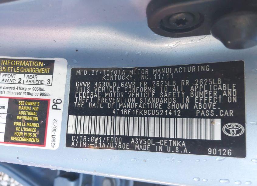 Photo 9 of 2012 Toyota Camry LE (VIN 4T1BF1FK9CU521412)