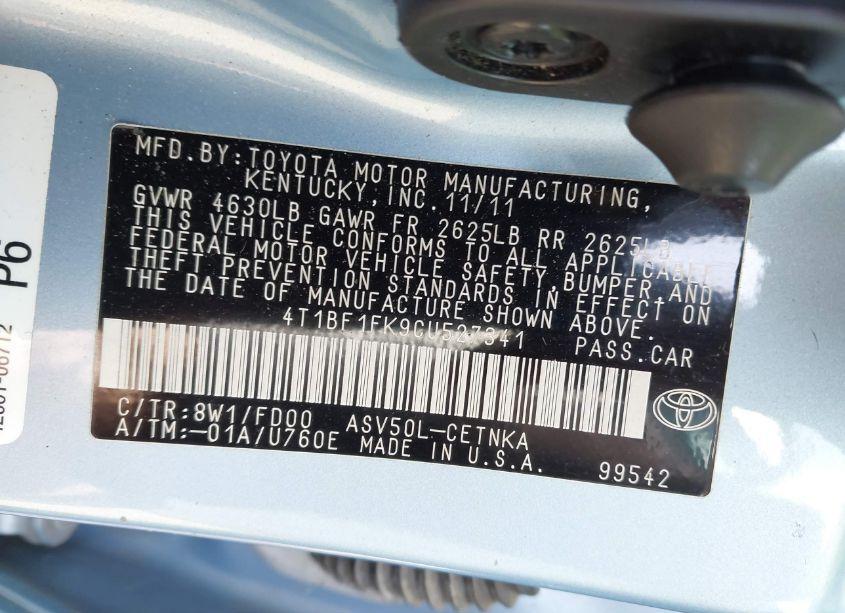Photo 9 of 2012 Toyota Camry LE (VIN 4T1BF1FK9CU527341)