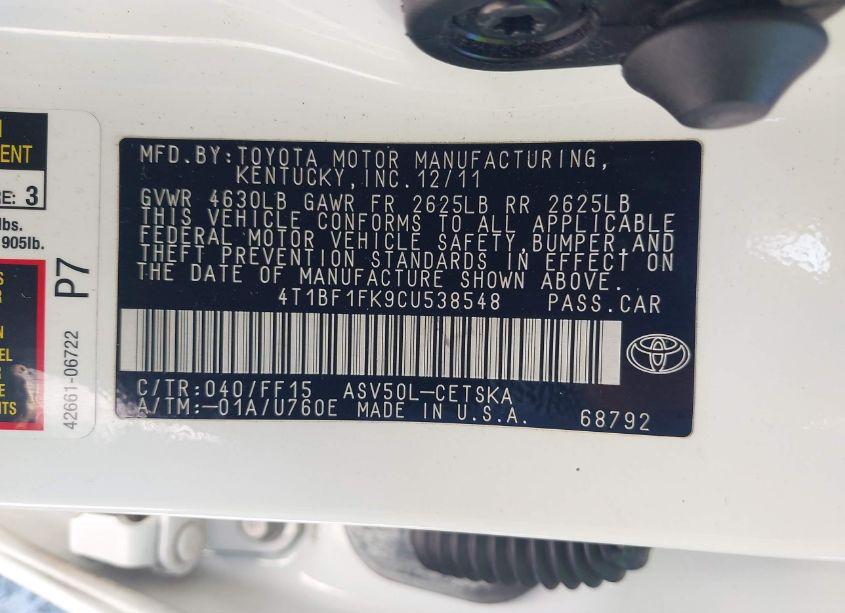 Photo 9 of 2012 Toyota Camry SE (VIN 4T1BF1FK9CU538548)