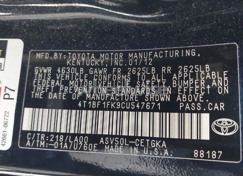 Photo 9 of 2012 Toyota Camry XLE (VIN 4T1BF1FK9CU547671)