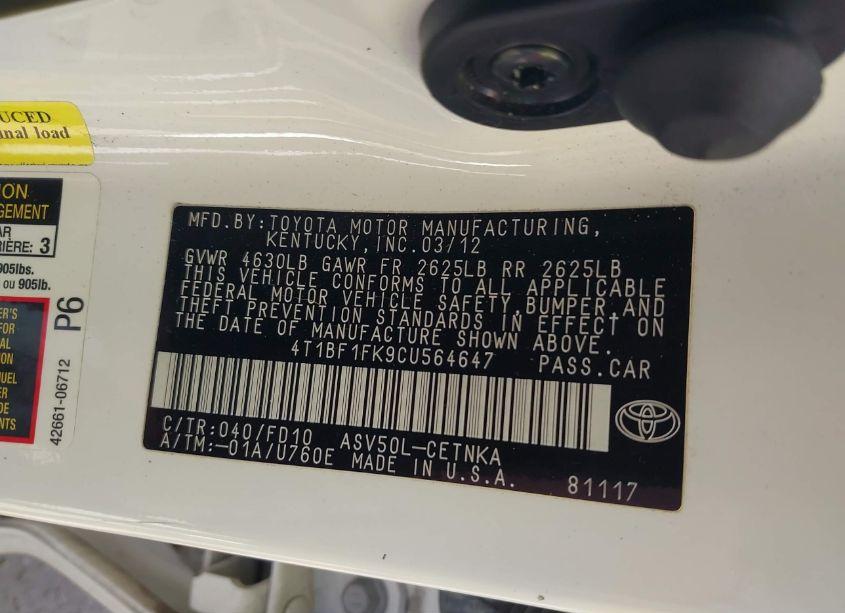 Photo 9 of 2012 Toyota Camry LE (VIN 4T1BF1FK9CU564647)