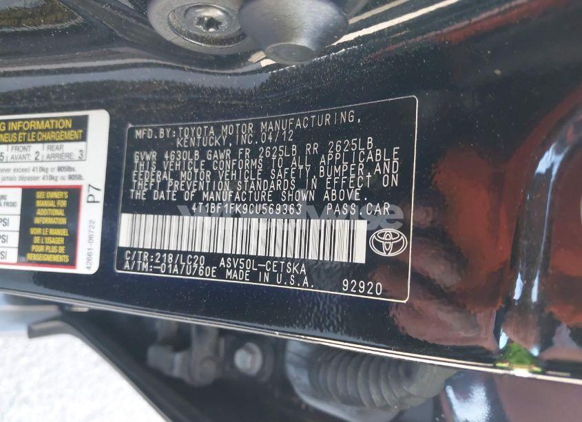 Photo 9 of 2012 Toyota Camry SE (VIN 4T1BF1FK9CU569363)