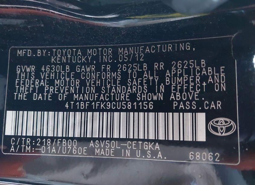 Photo 9 of 2012 Toyota Camry XLE (VIN 4T1BF1FK9CU581156)