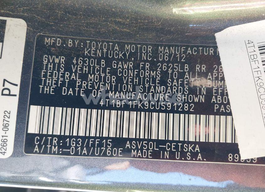 Photo 9 of 2012 Toyota Camry SE (VIN 4T1BF1FK9CU591282)